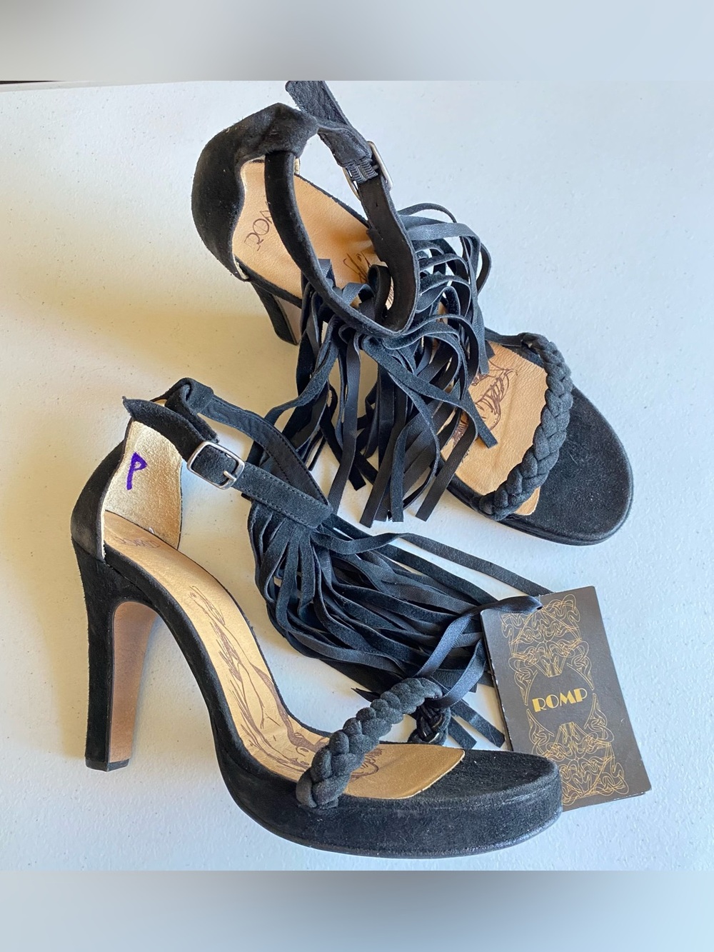 Romp 41 Black Suede Leather Fringe Tassel Ankle Strap Platform Stiletto Heel